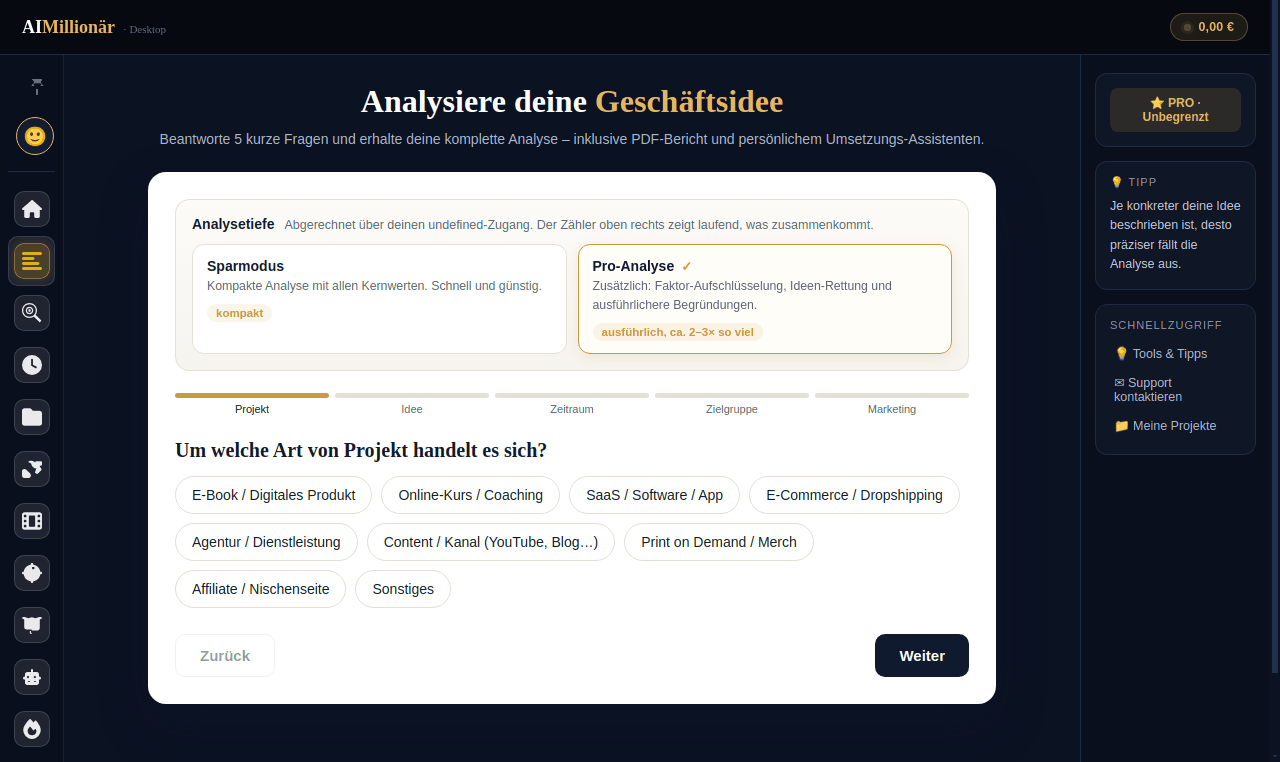 Live-Ablauf: Idee eingeben, Analyse abwarten, starkes Ergebnis erhalten